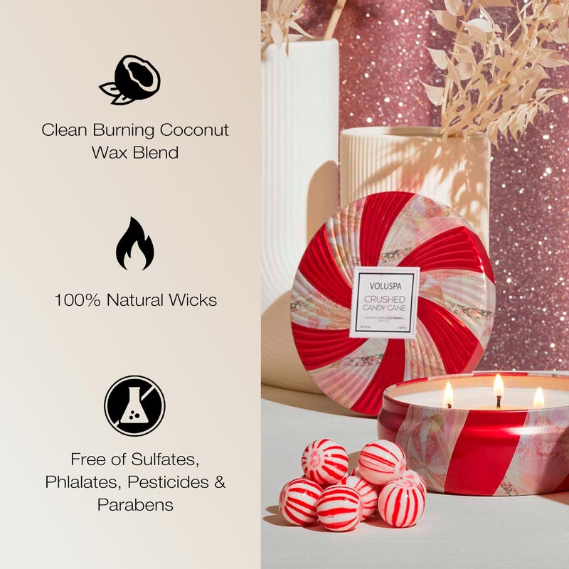 Voluspa Crushed Candy Cane, 3 Wick Tin Candle, 12 oz, 40 Hour Burn Time, Coconut Wax for Clean Burning, Handcrafted in The USA - Image 4